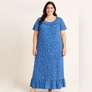 Dreams & Co Blue Floral Nightgown 2X Scoop Neck Short Sleeve Maxi Ruffle Hem